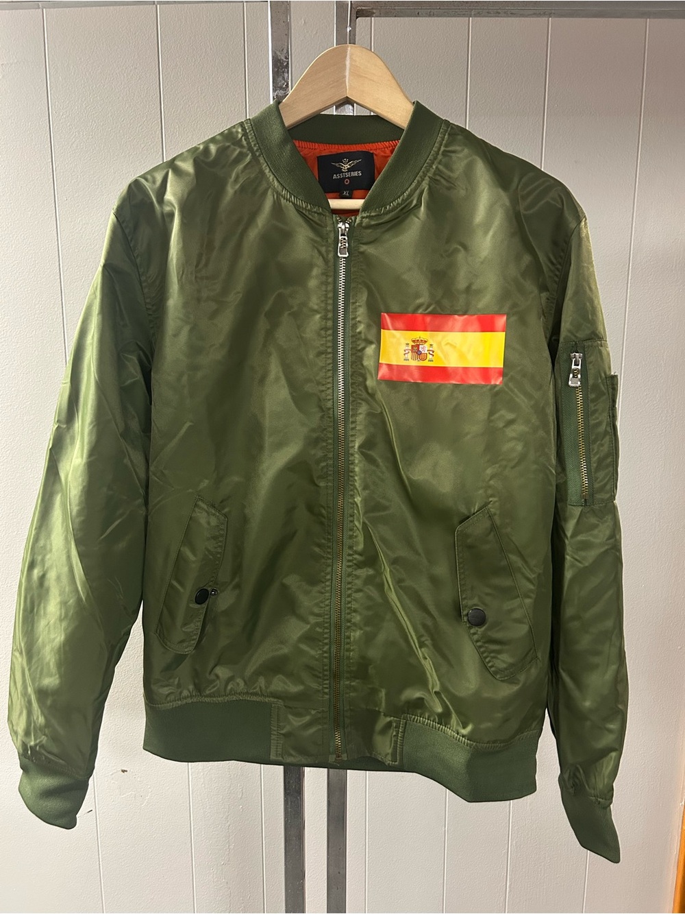 Spanish Men's Olive Green Bomber Jacket with Flag Patch XL Asstseries